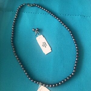 Vintage Graphite Cultured Pearl Necklace and Earring Set